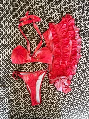 Pink Ruffled Bikini Set with Tie Halter Top